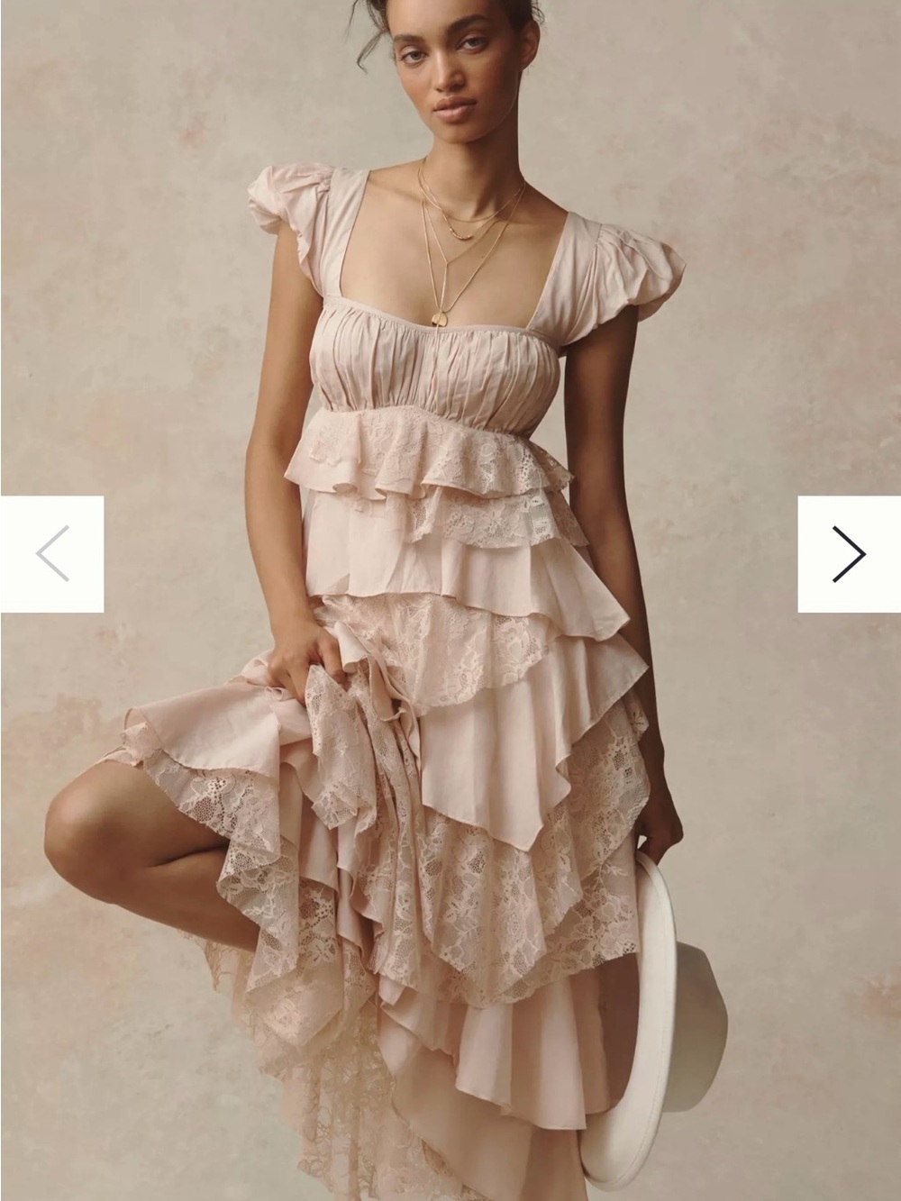 Anthropologie XL Blush Cotton Ruffle Tiered Lace Midi Dress Boho Wedding Fae